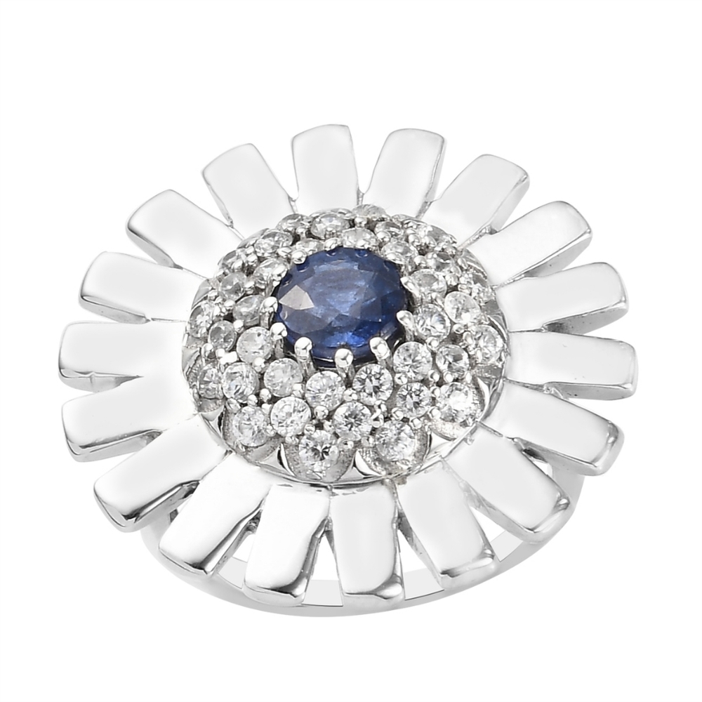 Flower Zircon & Sapphire Platinum Over 925 Sterling Silver Ring sz 8